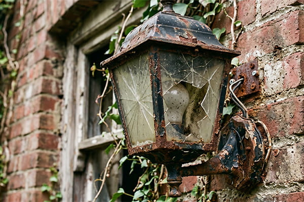 A rusted and cracked cheap outdoor light fixture